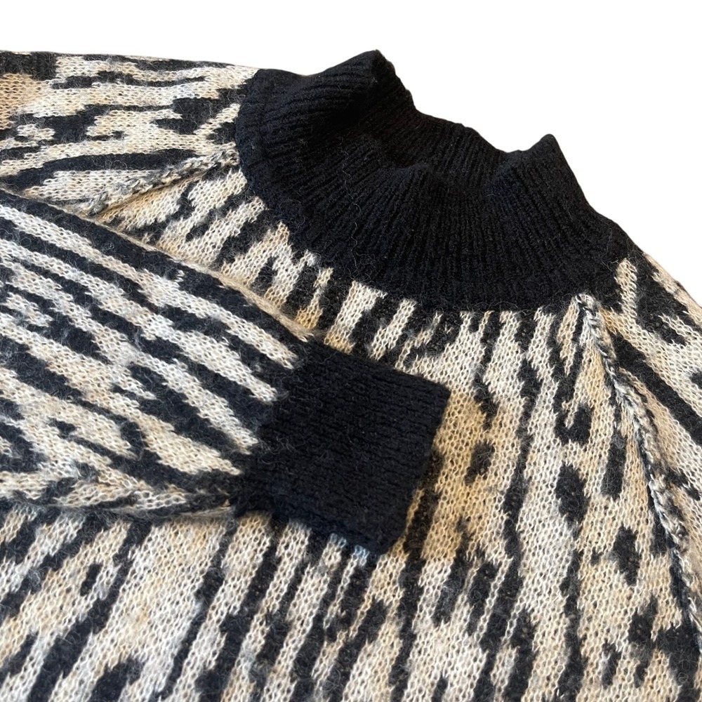 Free People Women's Mock Neck Sweater Animal Print Beige Black Knit Small